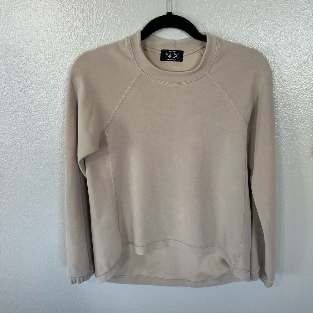 NUX Sleek Sweat Modal Ultra Soft Relaxed Fit Sweatshirt High-Low Hem in Tan, S
